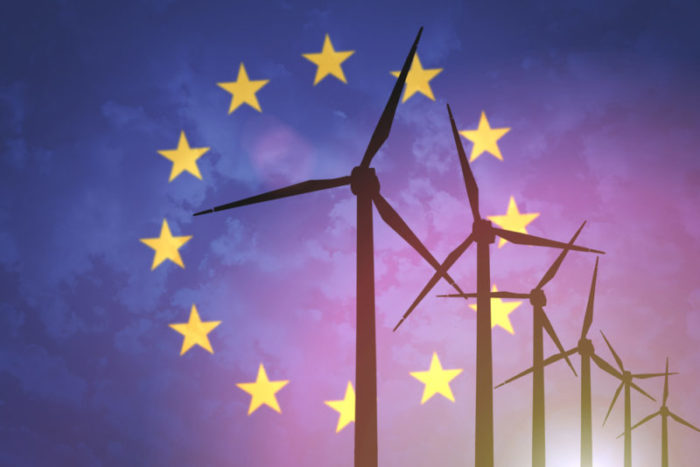 EU flag with wind turbines