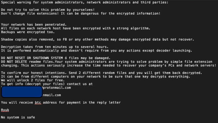 ransomware, Ryuk ransom note