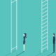 woman and man scaling ladders with different sized rungs
