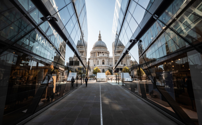 St Paul's Cathedral reflected in the windows of LandSec property One New Change