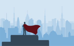 Superhero CEO overlooking the city