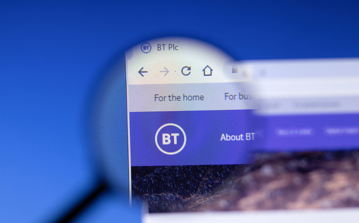Close-up of BT logo on its website