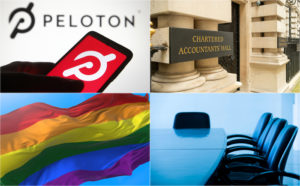 Peloton logo, ICAEW HQ, LGBTQ flag and boardroom