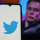 Twitter logo with Elon Musk in the background