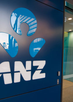 ANZ logo outside branch in Brisbane, Australia